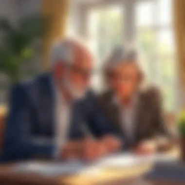 An elderly couple reviewing mortgage documents.